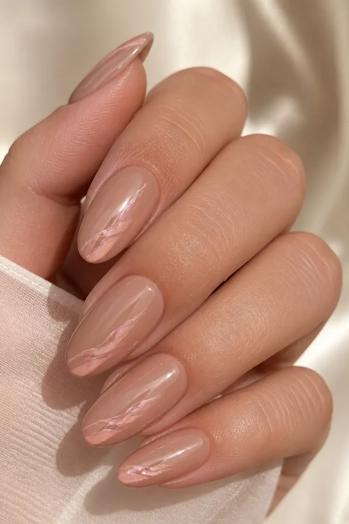 Caramel nude almond nails. Thin shell-like curved veins in blush-pink and pale rose quartz tones run along the outer edge, with a glossy finish and subtle shimmer.