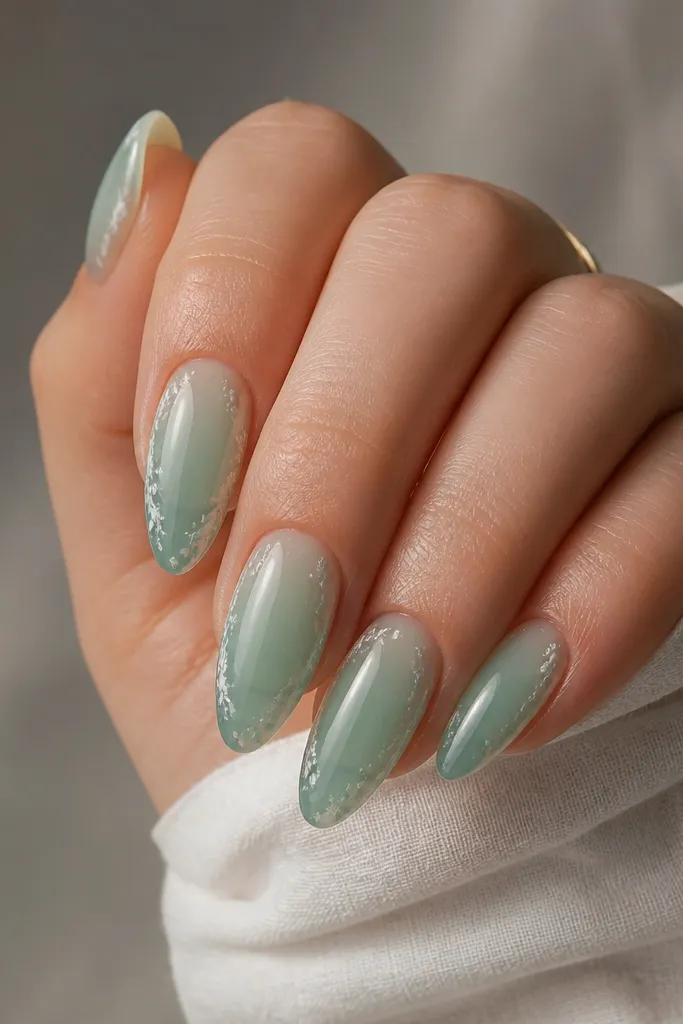 Sea glass green almond nails with a translucent icy look. Outer edges have tiny speckles and short arc marks in white-ice pearl, like shell fragments.