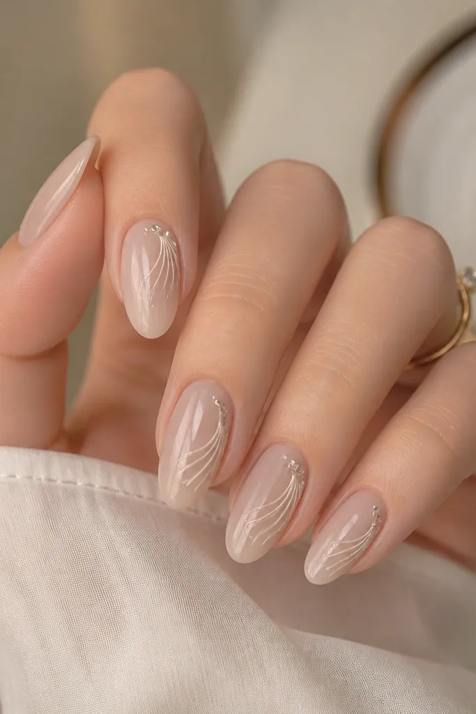 Milky taupe almond nails. Fine shell linework in pale pearl runs along the outer half, and a couple of tiny micro gems sit near the top of the arcs. Glossy finish.
