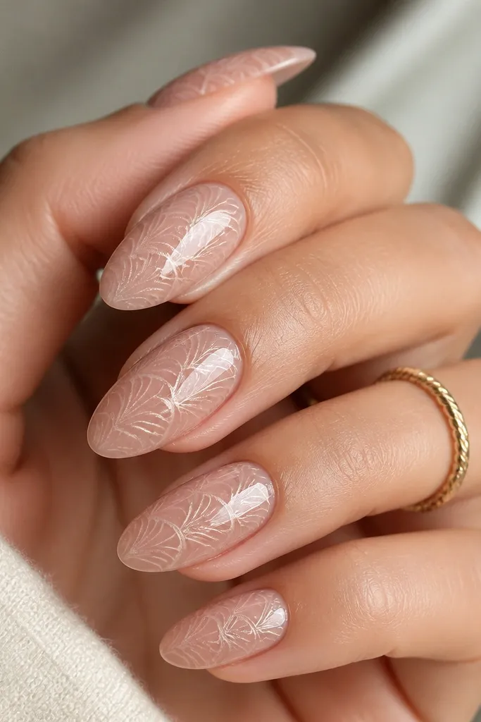Rose beige almond nails with a stamped shell pattern. The shell arcs look crisp and repeated, and a glossy dome top coat makes the pattern look trapped under glass.