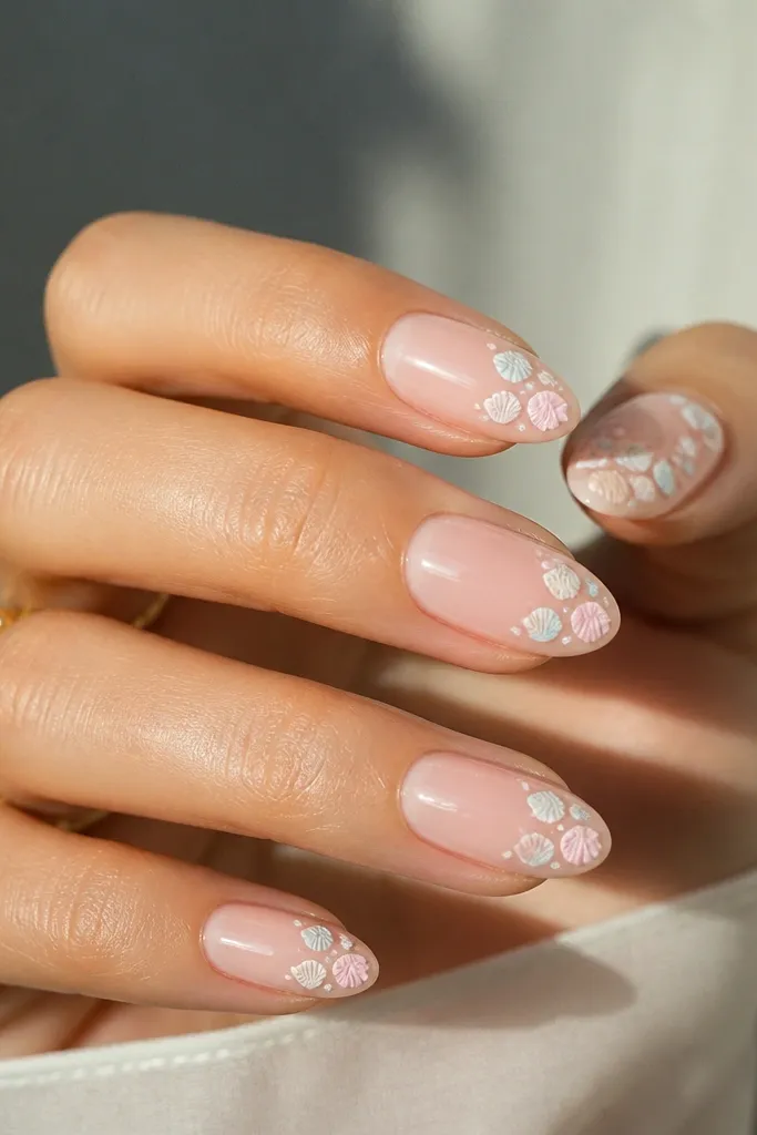 Classic nude almond nails with pastel seashell arcs. The outer half shows tiny curved shells in pastel white, pale blue, and light pink, scattered like confetti but still organized.