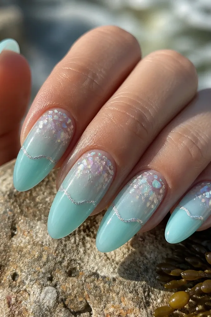 Almond nails in a cool tidepool palette: sheer aqua base with a glossy clear top. Tiny iridescent shell confetti (pink-green-silver) is concentrated near the cuticle and fades toward the tips. Each nail has a thin, wavy "shoreline" of micro-shimmer along the lower third, with crisp edges and high shine.