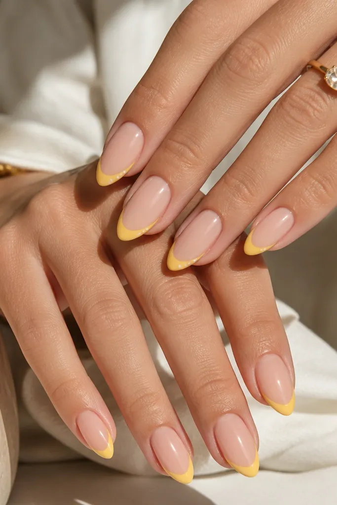 Almond nails with a thin bright yellow French tip; a few micro dots in white sit just above the tip line on alternating nails; everything is glossy and clean-lined.