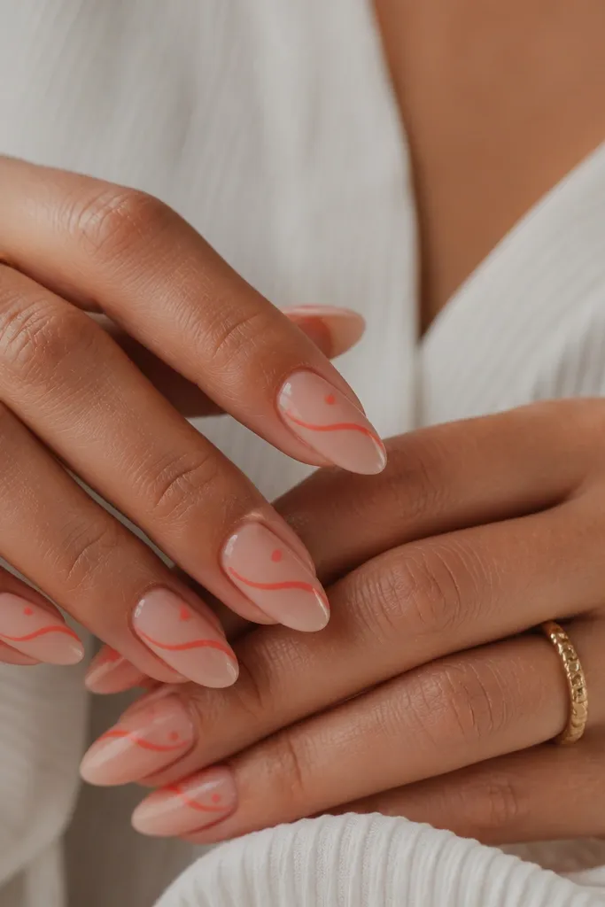 Soft nude almond nails with a coral swirl that starts at the cuticle and curls upward; the swirl has a glossy finish and a small coral dot at the end.