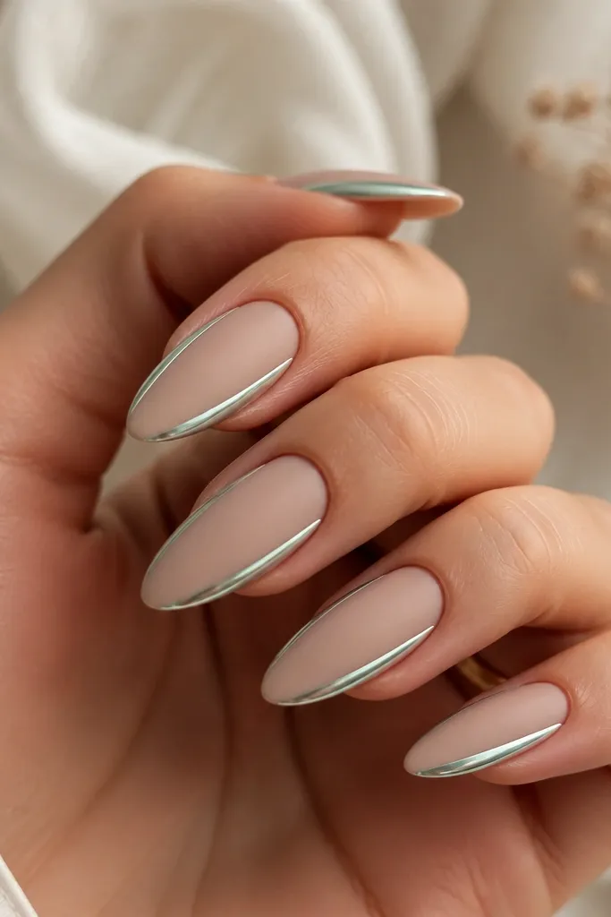 Almond nails with a nude base and two thin mint chrome lines running vertically along the sidewalls; the center is matte nude with glossy chrome edges.