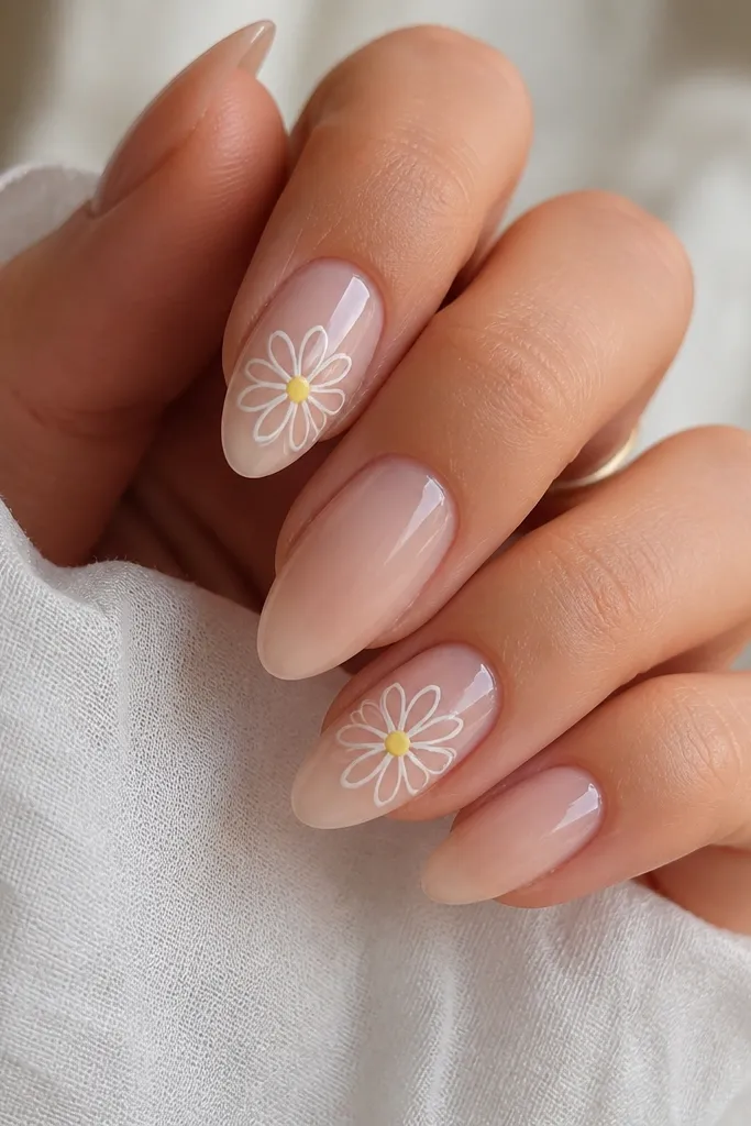Sheer nude almond nails with a single white daisy on two nails; petals are outlined in white with the center yellow; negative space shows between petals; glossy finish.