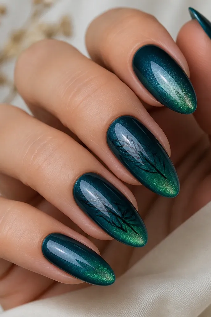 Almond nails with a deep teal cat-eye base; the tips show a faint shifting green glow; two nails have tiny black leaf line art near the center; glossy top coat.