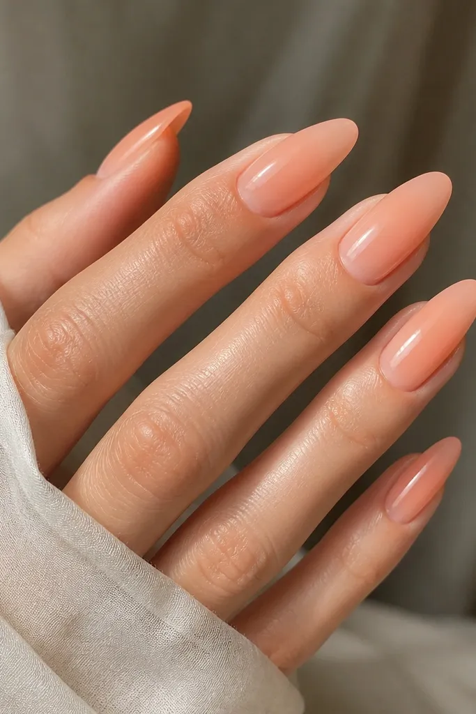 Almond nails with a sheer peach jelly gradient fading from cuticle (light) to tip (slightly darker); the finish is glassy and translucent.