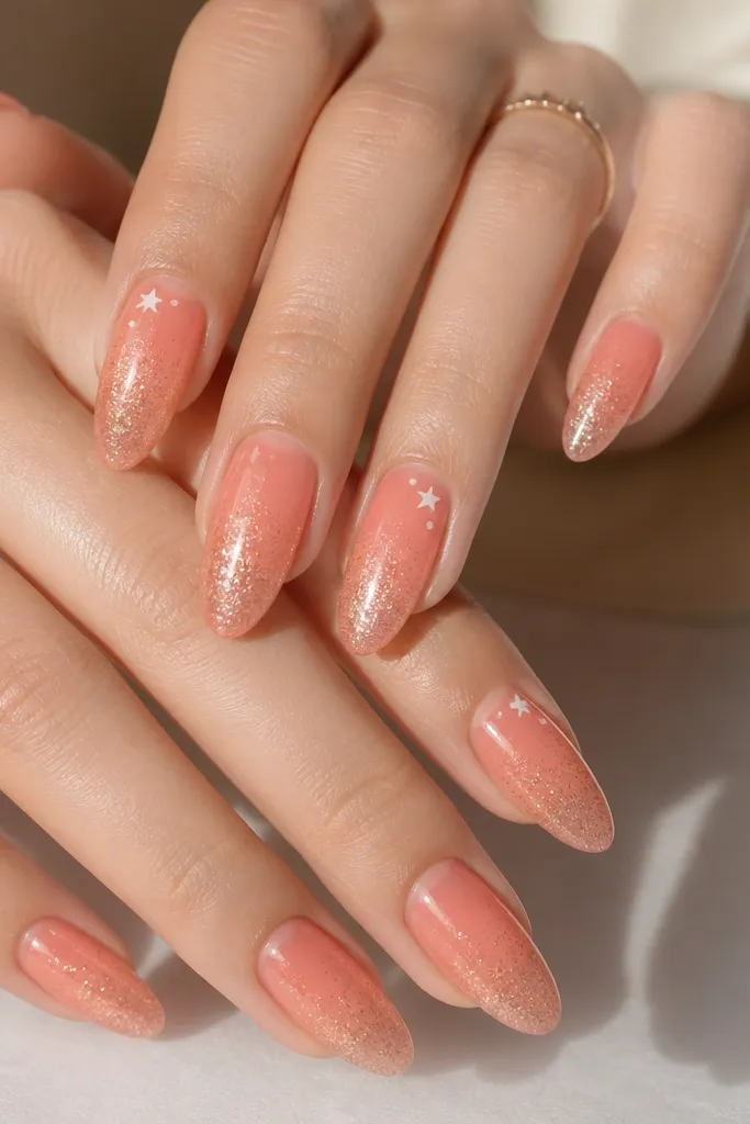 Almond nails with a coral sheer base; glitter fades from the tip downward like a gradient; a few nails have tiny white star dots near the cuticle.