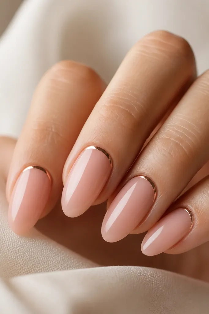 Nude almond nails with a thin rose-gold chrome strip just at the cuticle area; the rest is glossy and smooth with a soft pink tint.