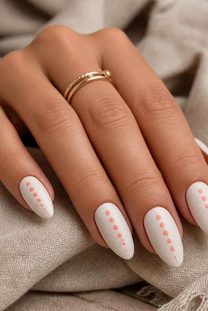 Almond nails with a matte white textured base that looks like linen, coral dots arranged in a vertical line on each nail; edges are crisp.