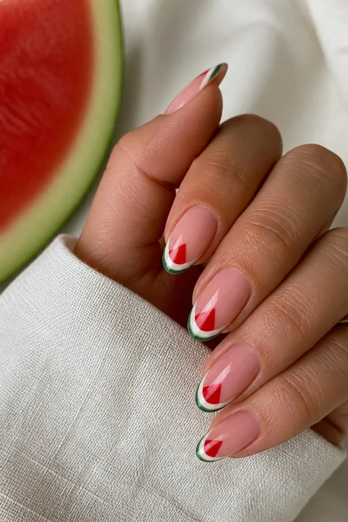 Almond nails with a sheer pink base; top third has a green outlined watermelon slice shape in white and red layers; glossy and crisp.