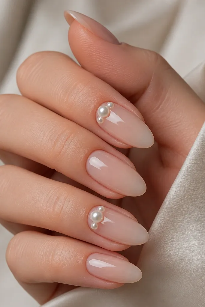 Almond nails with a sheer nude base and a few champagne pearl beads clustered near the cuticle on two nails; other nails are plain glossy nude.