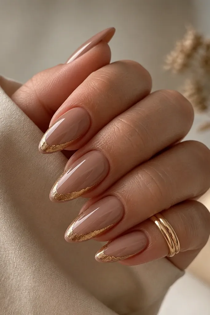 Almond nails in a warm mocha nude; gold foil forms a half-frame along one side of each nail near the tip; glossy.