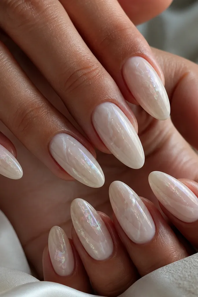 Almond nails in a milky vanilla base with thin icy white marble swirls. Several nails have fine opal-leaning iridescent gel veins that catch light like pearl dust. Edges look crisp and glossy, with a few micro flecks concentrated near the sidewalls.