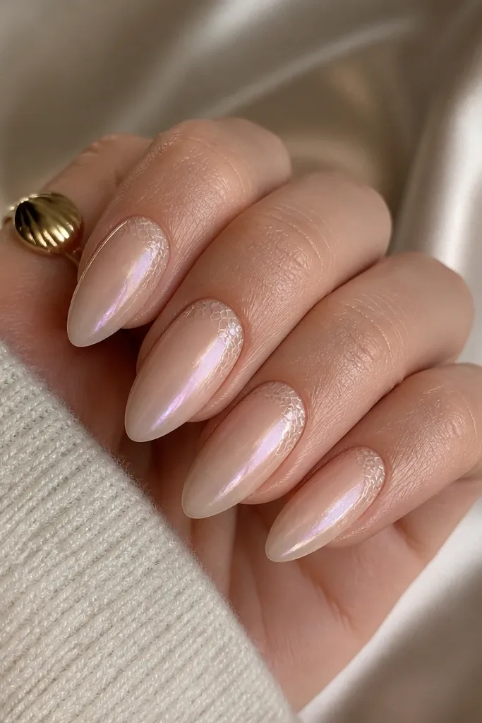 Almond nails with a sheer peach nude base. Near the cuticle and sidewalls, there are tiny repeating scale-like dots in a slightly deeper peach, arranged like shell texture. A glossy pearl top layer reflects light with a soft pink sheen, and the tips look clean and glassy.