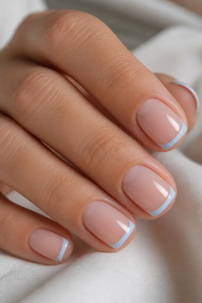 Close-up of short square nails with a sheer nude base and very thin baby sky-blue French tips. The tips form a tight smile curve and look crisp, with glossy finish and clean edges.