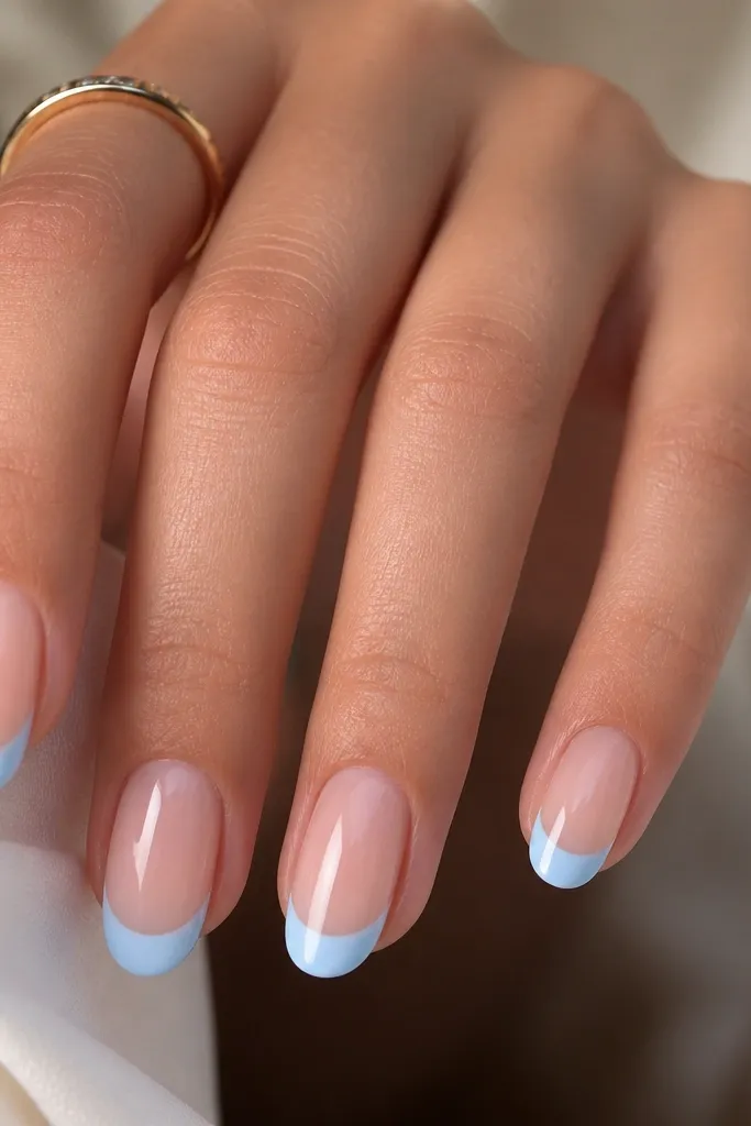 Nails with a sheer blush-pink base and milky baby blue French tips. The blue is opaque but soft, with a smooth gradient-less look and glossy shine.