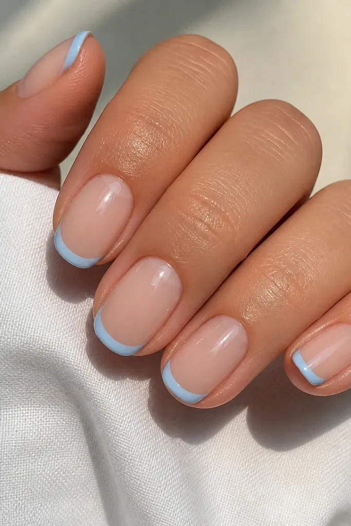 Nude base nails with baby blue French tip lines that stop short at the side corners, leaving small nude triangles at the edges. Glossy finish and sharp linework.