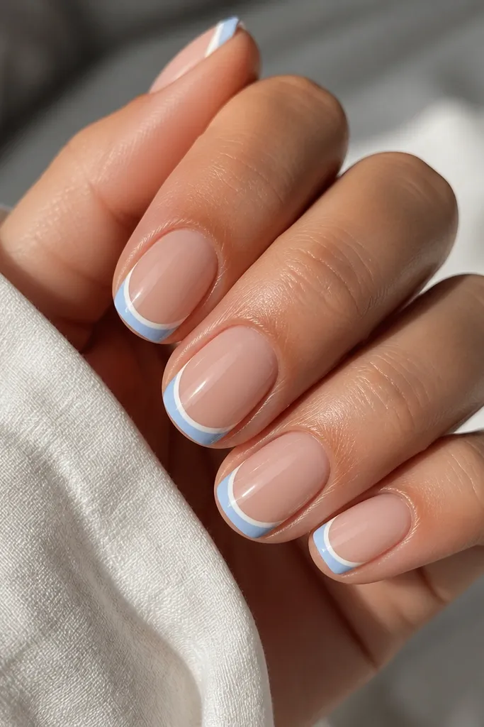 Short nails with a nude base and baby blue French tips that have a very thin white outline along the smile curve. Clean, glossy, high-contrast look.