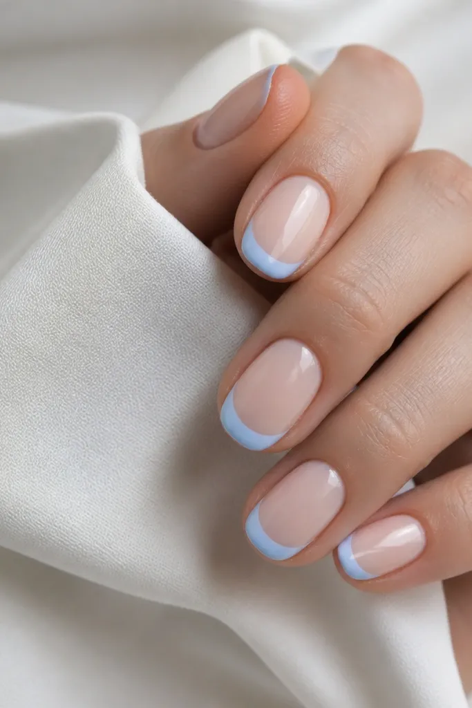 Nails with a milky nude base and baby blue French tips that look smooth and slightly opaque. The tips have a rounded smile curve and glossy finish.