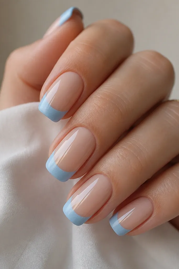 Nails with a glossy nude base and matte baby blue French tips. The tips look velvety, while the base reflects light.