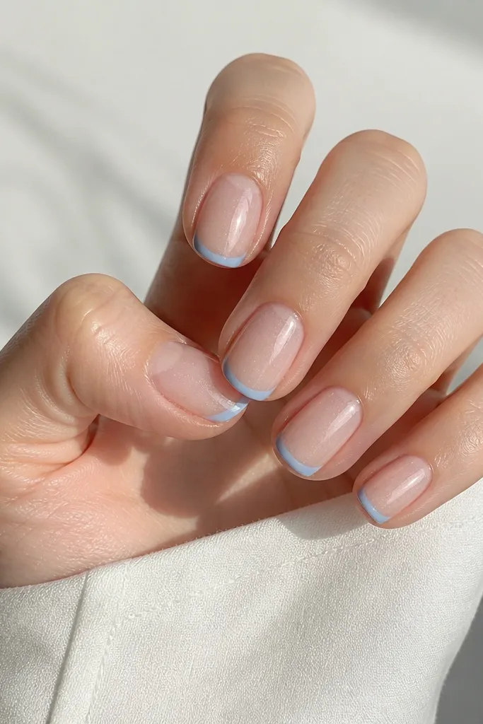 Nude base with a faint micro-shimmer, and baby blue French tips that look glossy and slightly glazed. The smile line is thin and clean.