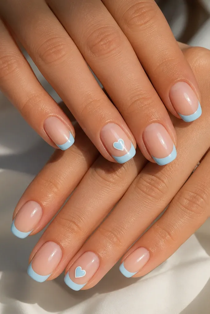 French tips in baby blue on most nails, nude base. The ring fingers have a tiny white heart outlined in baby blue near the smile line. Glossy finish.