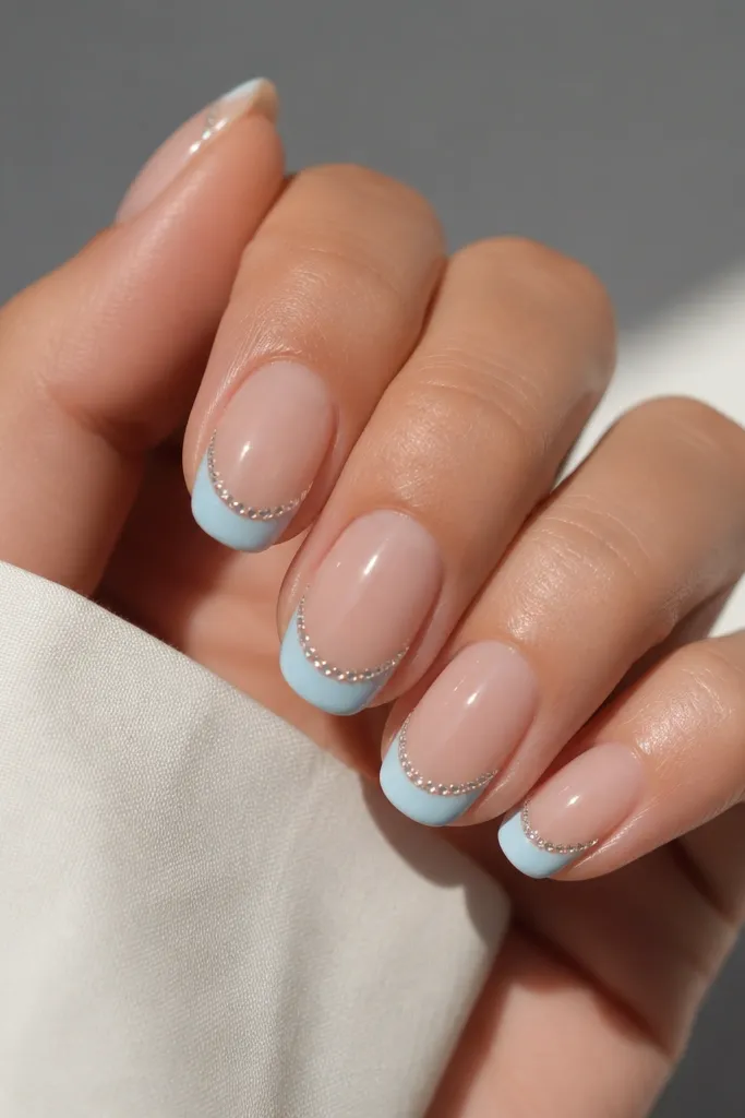 Nude base nails with baby blue French tips. On each nail, one very thin line of tiny clear rhinestones sits right along the smile curve. Glossy and sparkly.