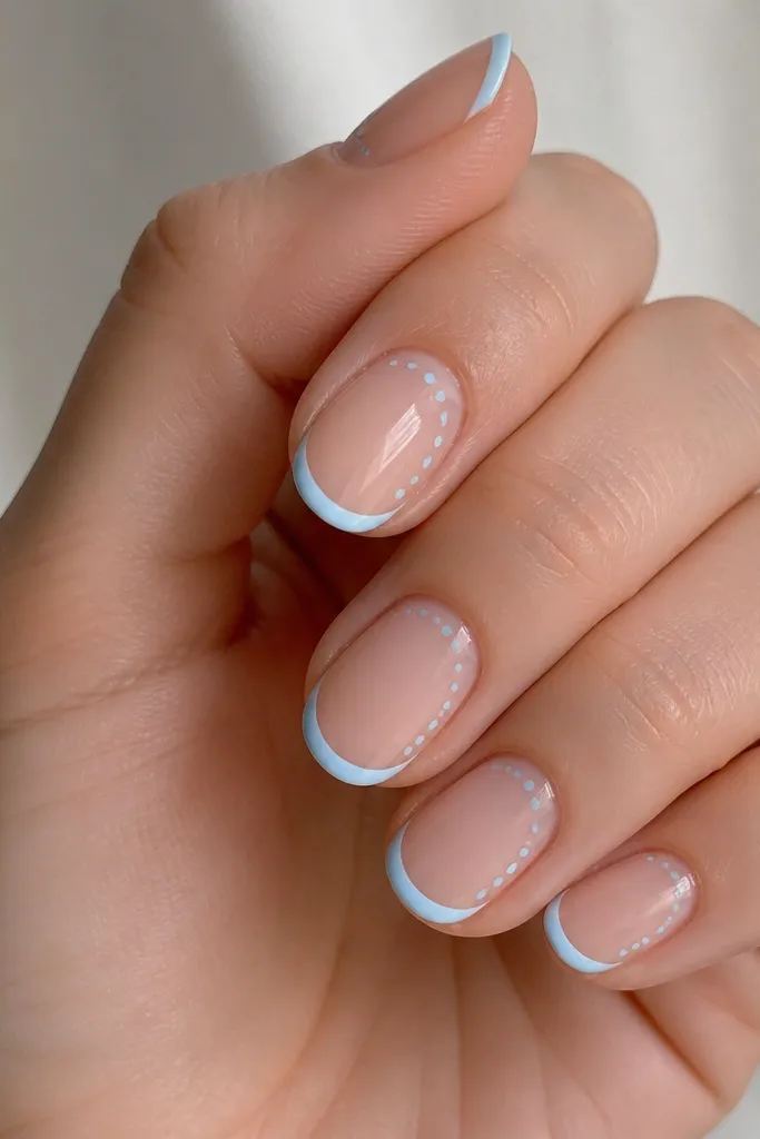 Nude base nails with baby blue French tips. On each nail, a small row of baby blue dots fades near the cuticle on the side, subtle and minimal.