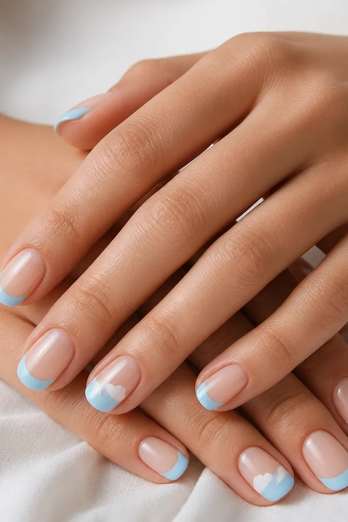 Nude base nails with baby blue French tips. On one accent nail per hand, there are small white cloud puffs layered over part of the baby blue near the smile curve.