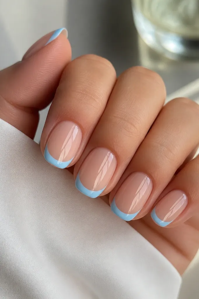 Clear-gloss nails with baby blue French tips. The base looks like glass, and the blue line appears crisp against the natural nail tone.