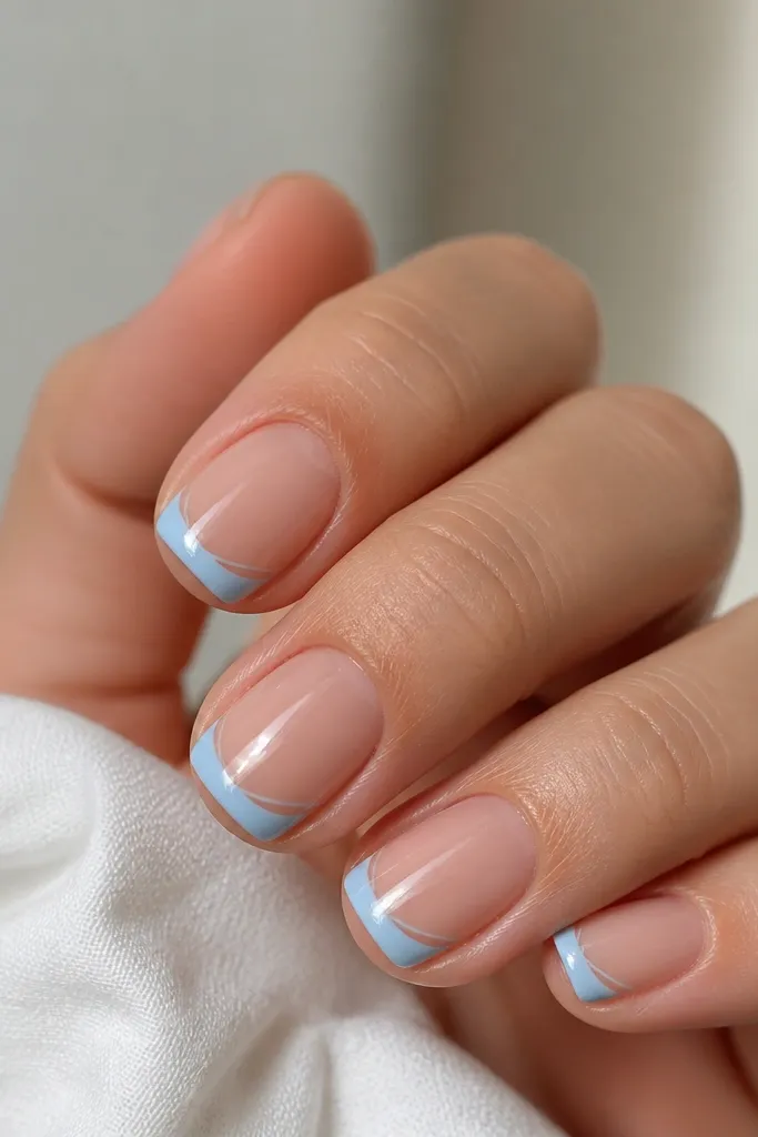 Short nails with nude base and baby blue French tips. Each tip has one or two diagonal micro baby blue lines crossing the French area like thin strokes.