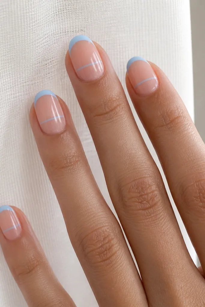 Nude base nails with baby blue French tips. A super thin baby blue line sits a few millimeters below the cuticle, centered and straight.