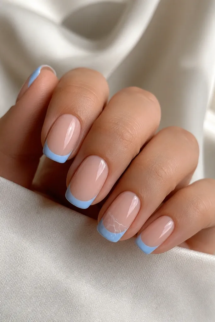 Nails with nude base and baby blue French tips. On one accent nail, thin white marble veins spread across part of the French area. Glossy finish.