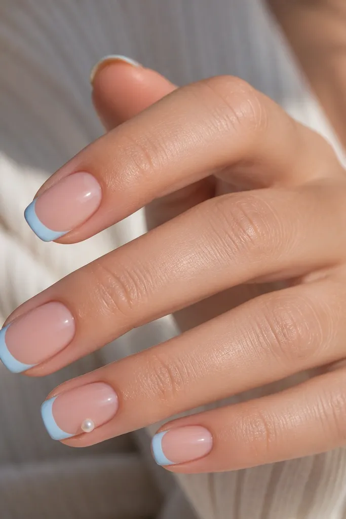 Nude base nails with baby blue French tips. On the ring finger, there is a tiny white pearl dot placed near the smile curve on one side. Glossy finish.
