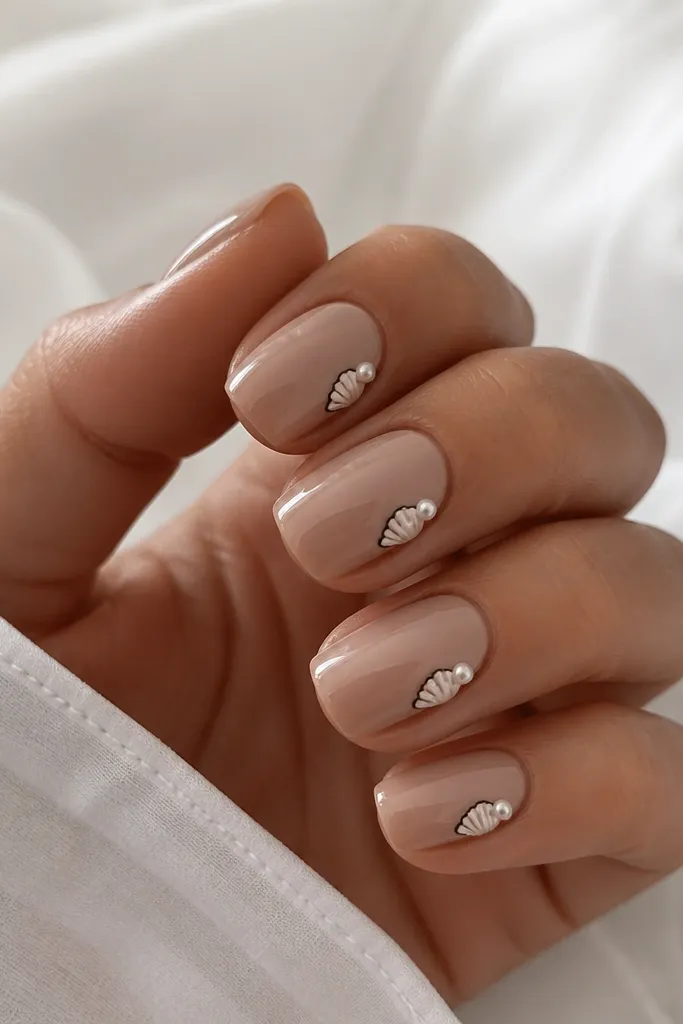 Short squoval nails painted wet-sand nude. On each nail, a small white cowrie shell sits near the outer corner with fine black outline and a single pearl dot. The rest of the nail stays clean and glossy.