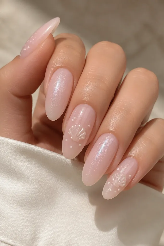 Long almond nails painted milky pink. On alternating nails, a small translucent shell sits mid-nail, surrounded by tiny white dot "bubbles." The rest of the nails have a faint diagonal shimmer.
