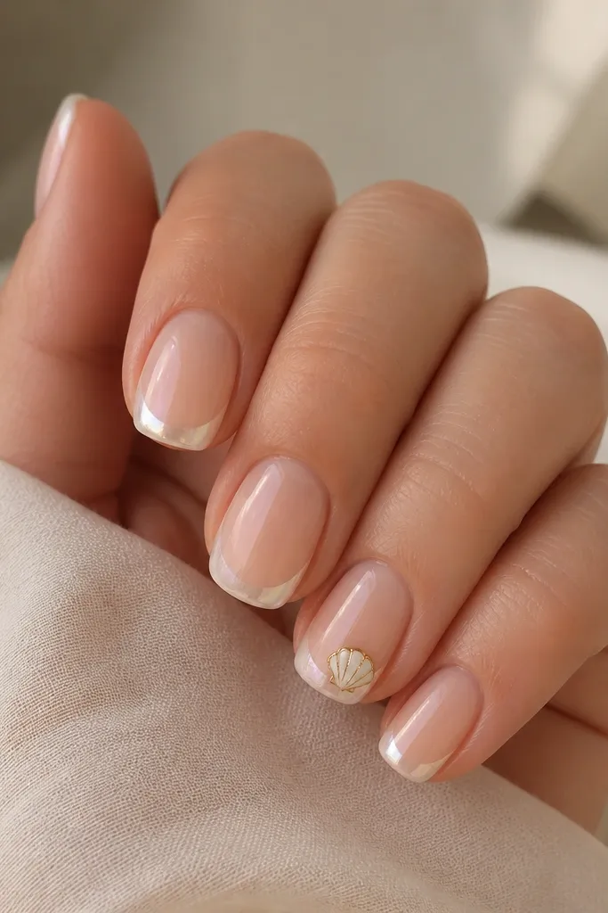 Short squoval nails with a pearl chrome French tip. The base is sheer nude. On the ring finger, a tiny white shell with gold outline sits at the tip edge.