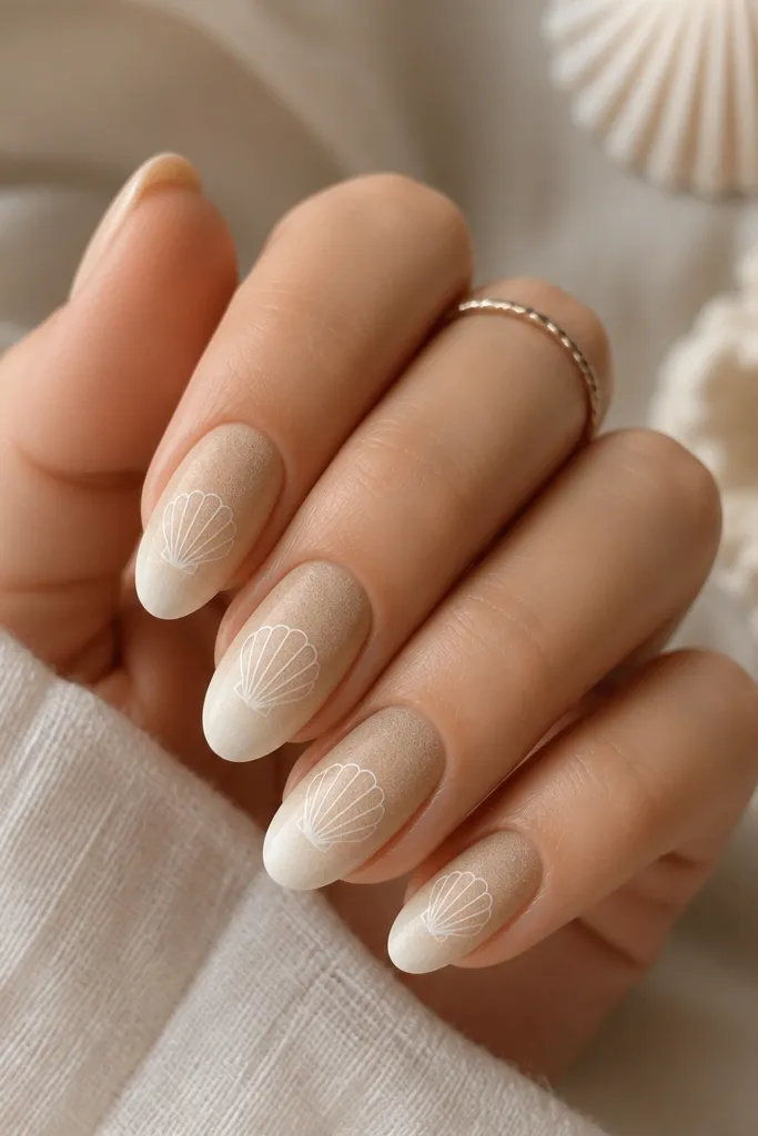 Medium almond nails with a horizontal sand gradient: beige at the cuticle fading to lighter cream at the tip. Each nail has thin white shell outlines drawn across the center.