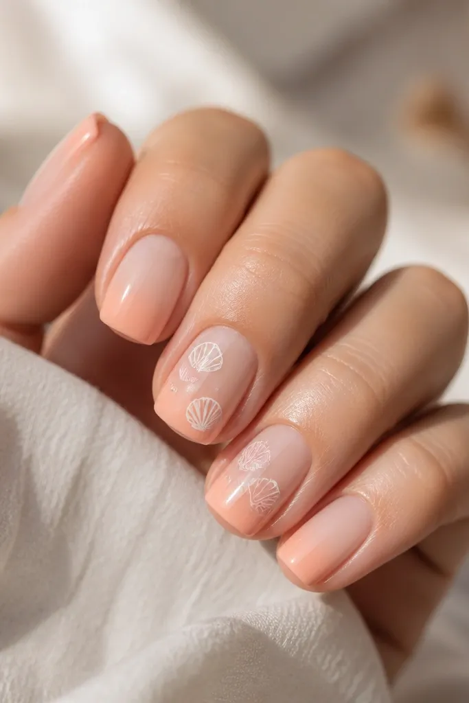 Short squoval nails with a pastel dip: soft peach at the tips fading into pale nude at the base. Shells in white and pale pink are drawn as small stamps on two accent nails.