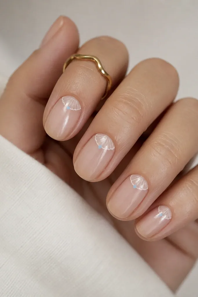 Bare natural nails with a sheer nude top coat. A thin white shell outline forms a crescent near the cuticle on each nail, with a few tiny dots in pale blue.