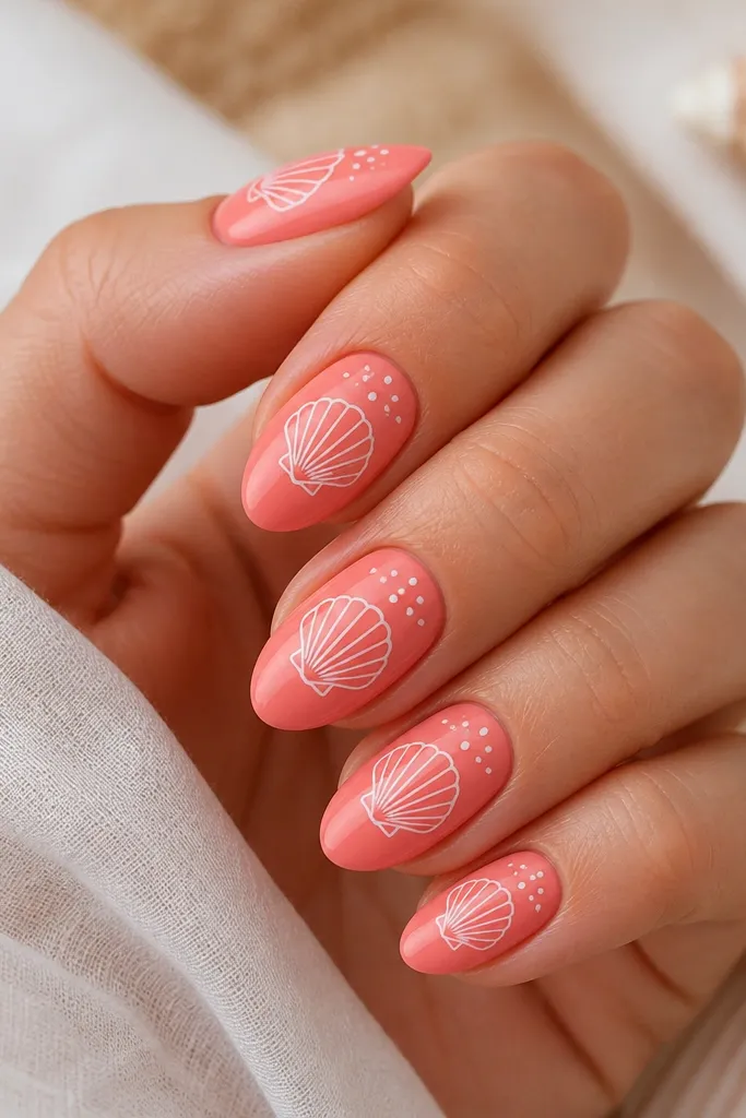 Medium almond nails in coral pink. On each nail, a white shell outline is centered, with tiny white dot clusters near the cuticle like sand grains.