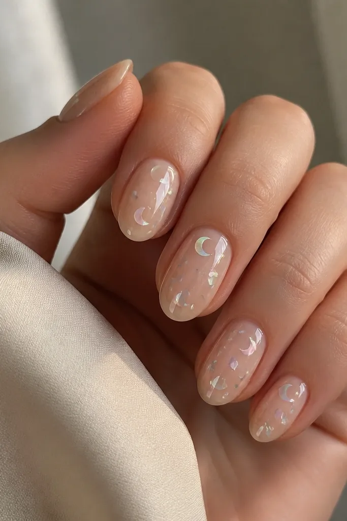 Short almond nails with nude gel base. Random small iridescent shell flakes are placed across the nail, with a few flakes shaped like tiny crescents. Everything is glossy and reflective.