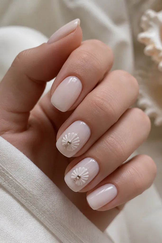 Medium squoval nails painted milky white. On two nails, a small white shell is surrounded by one tiny rhinestone at the center and a couple of micro studs along the ridges.