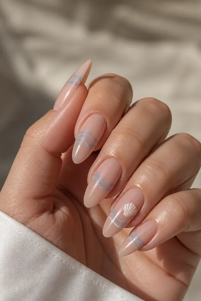 Long almond nails with a sheer nude base. Thin blue wave lines run horizontally across the mid-nail on each nail. On the ring finger, a small white shell sits on the side near the cuticle.