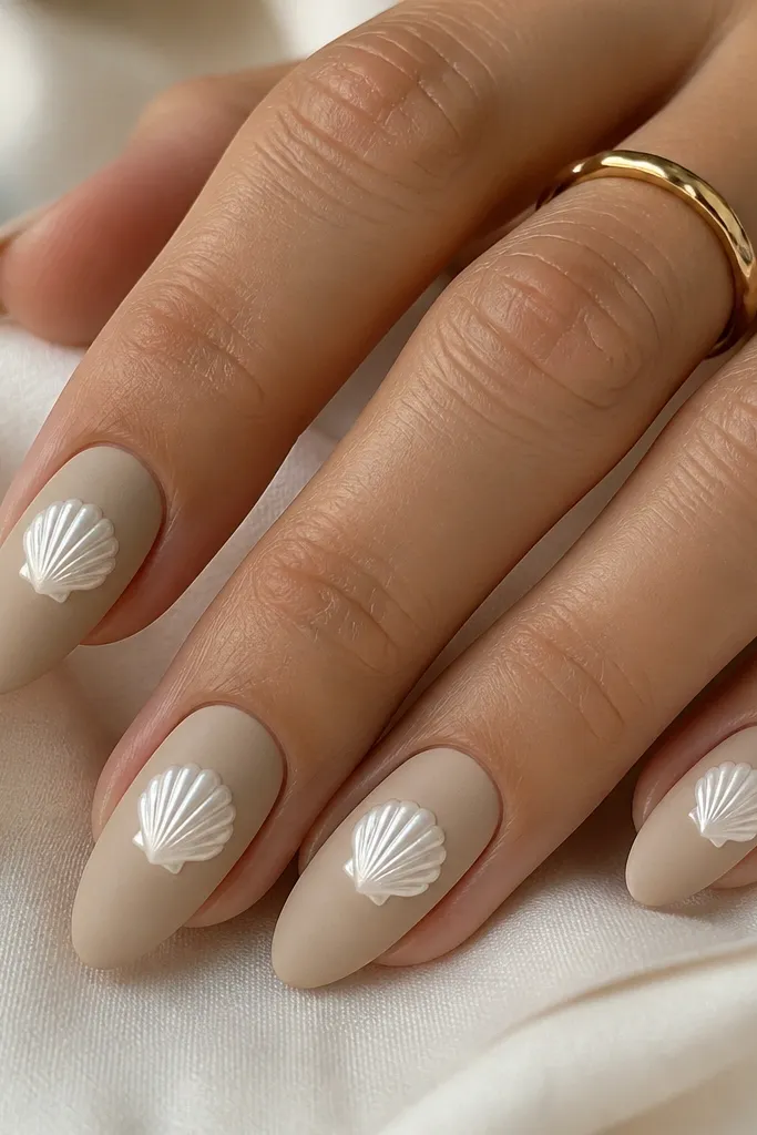 Medium almond nails with a matte sandstone beige finish. On each nail, a raised shell shape sits at the center in glossy white, catching light, with tiny ridge lines.