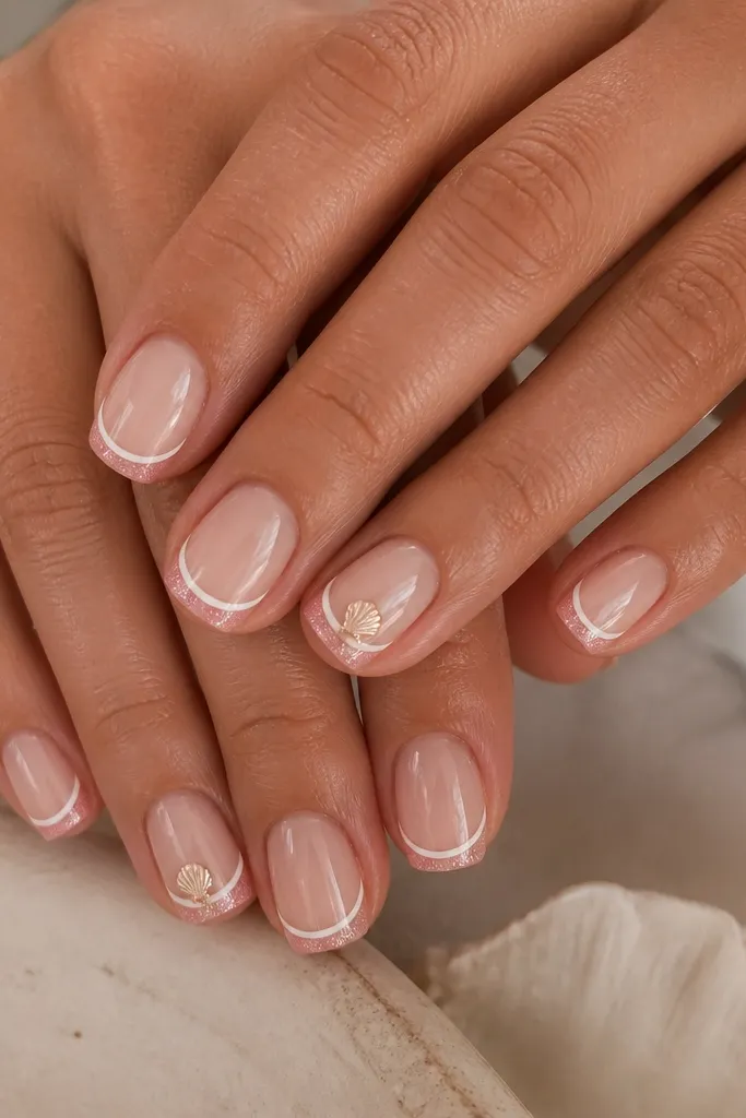 Short squoval nails with sheer nude base. A micro French tip is outlined in white, then the very edge has a thin strip of pink glitter. A tiny shell sits above the glitter on two accent nails.