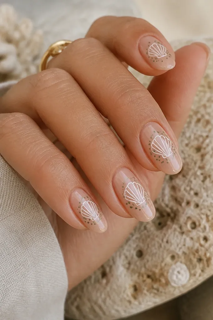Medium almond nails in nude beige. Each nail has a centered white shell outline. Around the shell, tiny seaweed-green dots appear in a loose cluster.