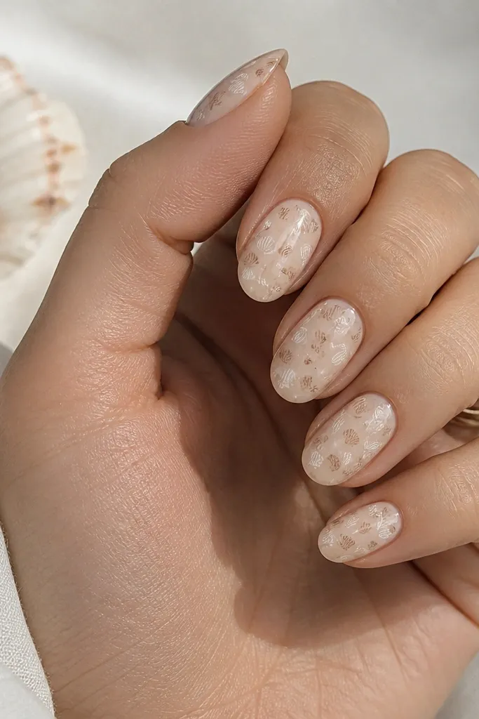 Short almond nails with a creamy nude base. A repeating pattern of tiny shell stamps in cream and taupe covers the nails like a subtle print.